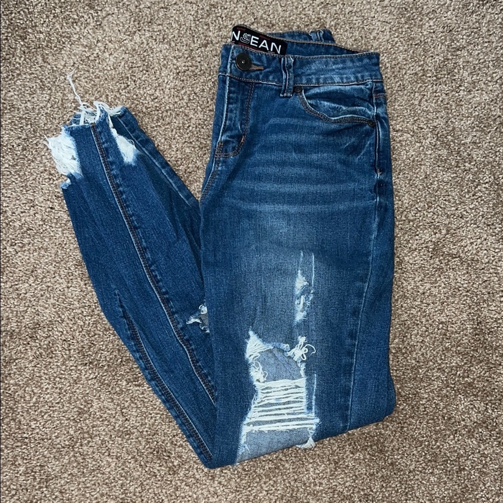 Blue Skinny Distressed Jeans with Tapered Leg